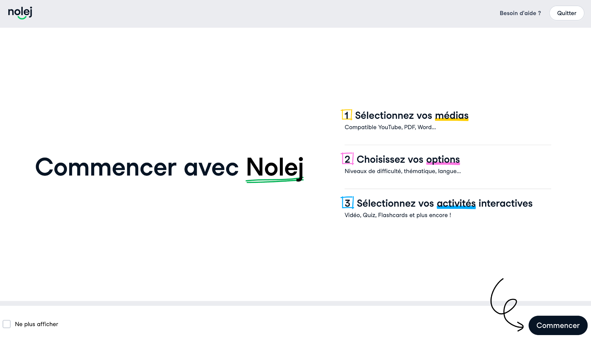 Getting started with Nolej: select your media, choose your options, pick your interactive activities